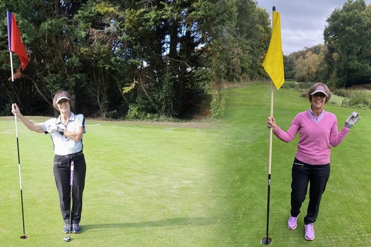 Lyn Parry celebrating her “aces” on the 3rd and 13th holes at Downes.
