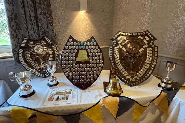 A few of the Devon Association of Ringers competition trophies were on display.  AQ 5009
