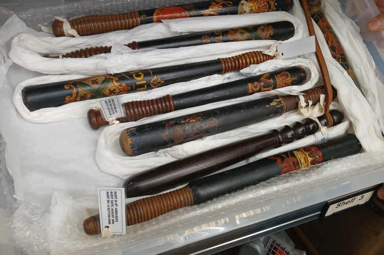A collection of truncheons in the Museum of Policing in Devon and Cornwall.