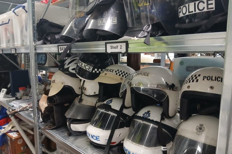 Police helmets in the Museum of Policing in Devon and Cornwall.