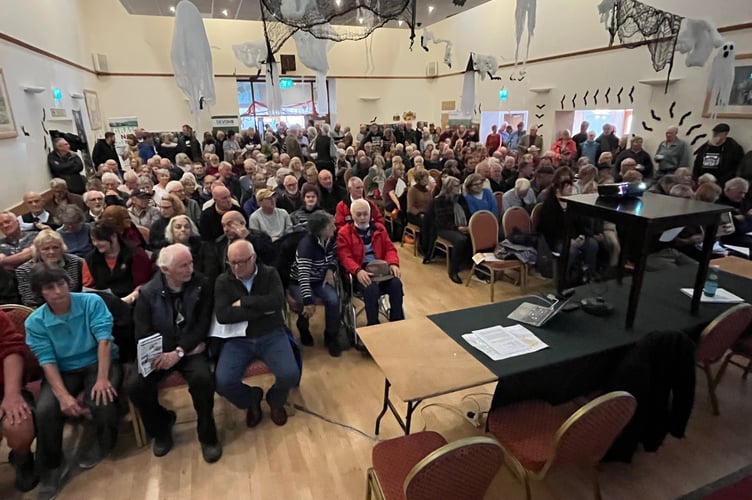 The packed public meeting on the solar farm in Holsworthy Memorial Hall.