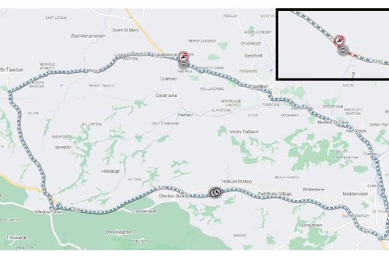 A377 Copplestone road closure alternative route map