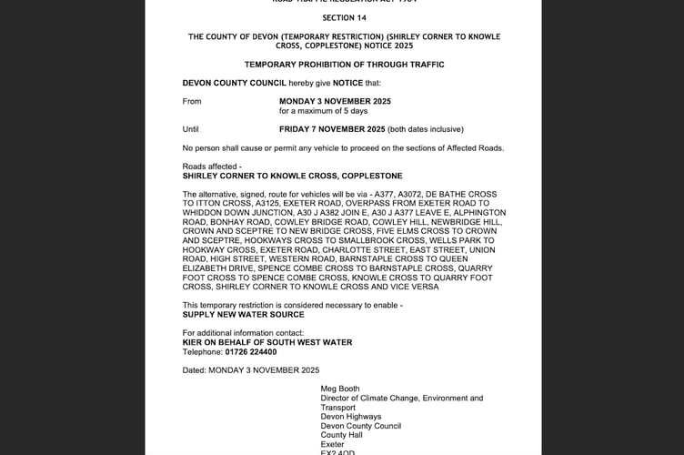 Copplestone road closure public notice