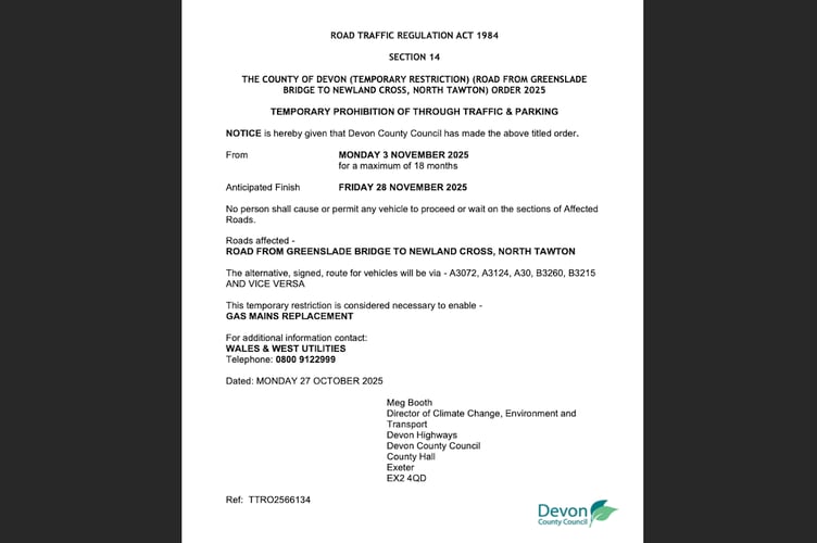 Road closure notice for North Tawton.