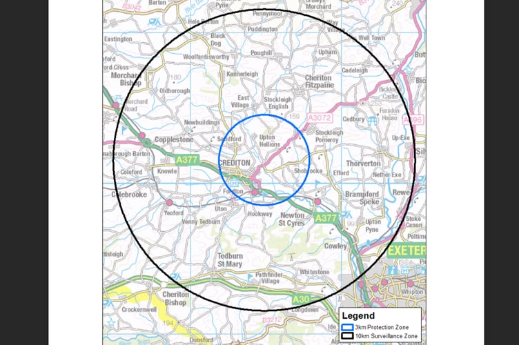 The 3km bird flu protection zone and 10km surveillance zone around the commercial poultry unit near Crediton.
