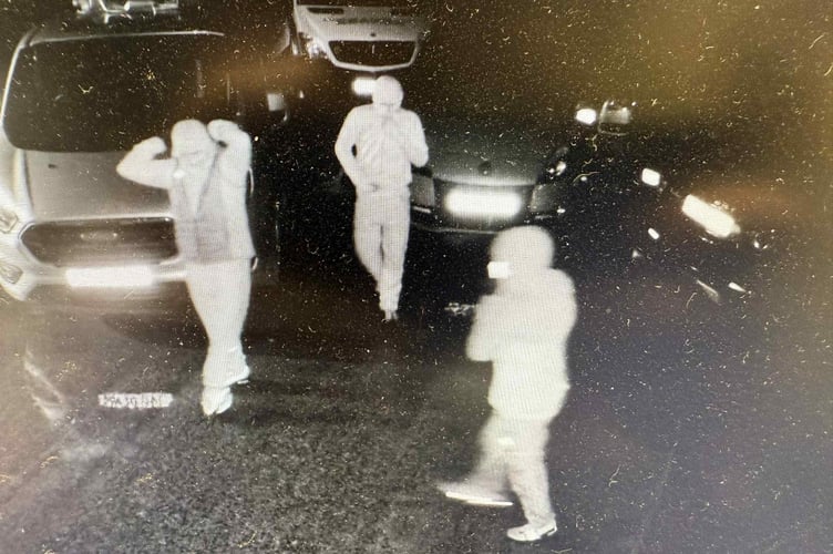 The three hooded lads who broke into Meadowside Garage in Sandford.
