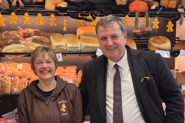 Sir Mel with shop manager Alison at Ellis Bakery