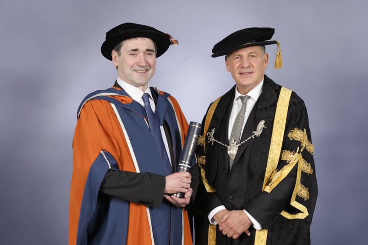 Alastair Revell, Doctor of Science (honoris causa) (left), with The Lord Kestenbaum, Chancellor, University of Plymouth.