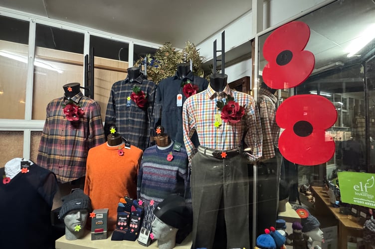 A part of the display including Remembrance at A E Lee (Outfitters) in Crediton High Street. AQ 7388