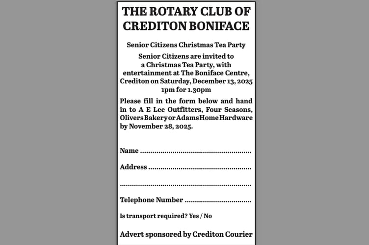 The form which should be completed by those wishing to attend the Crediton Senior Citizens Party which can be found in the Crediton Courier on November 13 and 20.