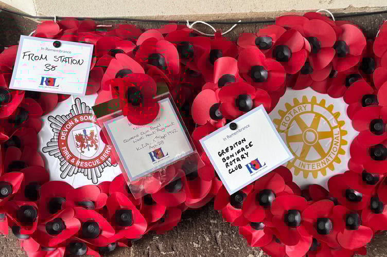 Wreaths at Crediton War Memorial. AQ 7803