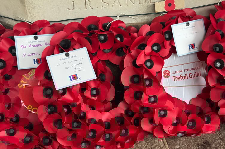 Wreaths at Crediton War Memorial. AQ 7806