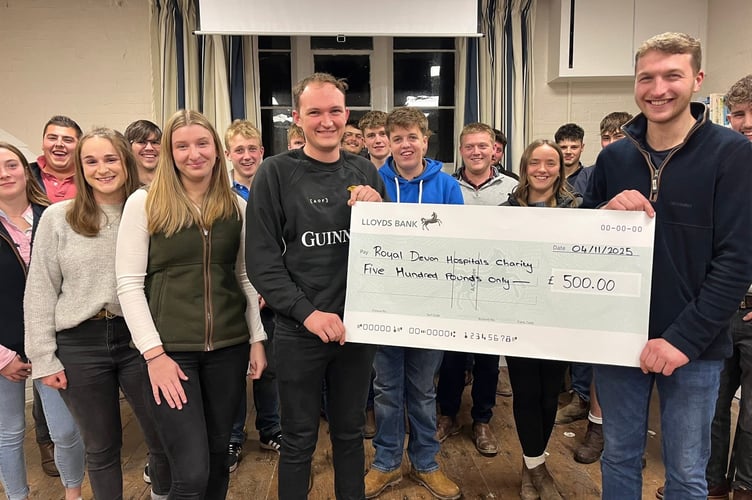 Bow YFC members with the £500 cheque for Royal Devon Hospitals Charity.
