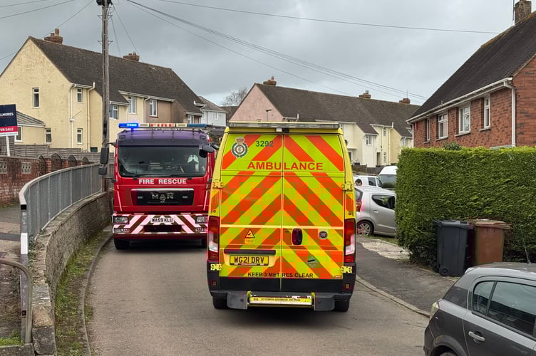 Emergency vehicles at the scene and the silver car in the garden, right.  AQ 8289
