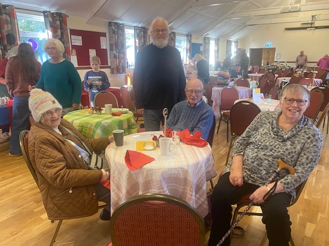 Thelma Keeble, Mary and Geoff Burchmore with Mike Beresford at the Soup and Puds event.