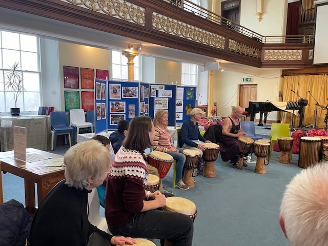 During the African Drumming session with James Carr.
