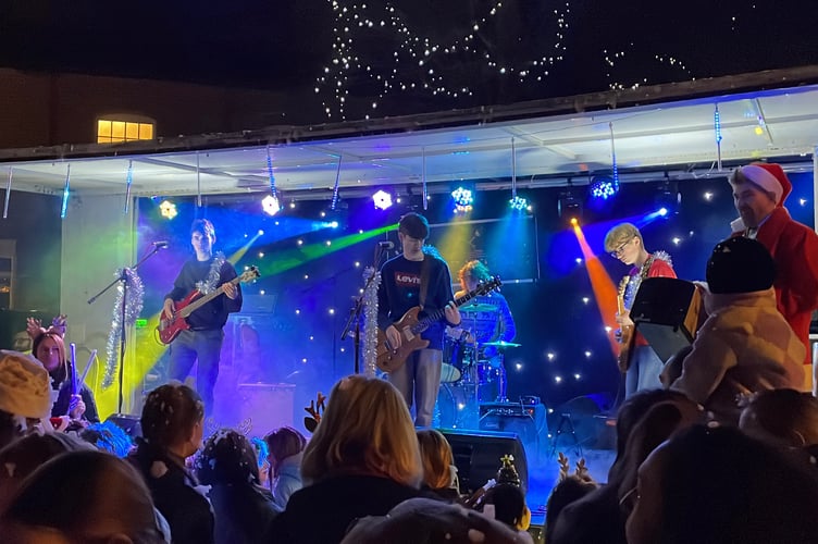 29 November 2025 Christmas lights switch-on QE indie band Burnt Daylight performing (Will Goddard, Crediton Courier)