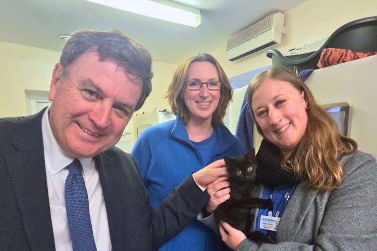 From left, Sir Mel Stride, Jo Blake and Hayley Hukku of RSPCA Devon Little Valley Animal Shelter
