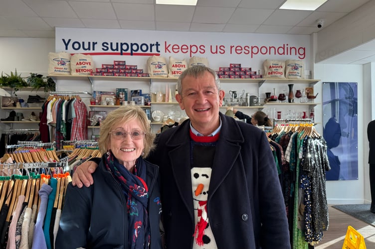 Anna Ralli, Devon Air Ambulance Founder with Alan Quick, Editor, Crediton Courier, in the new charity shop. AQ 0072