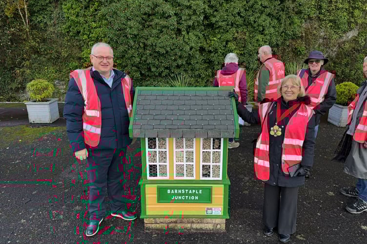 North Devon MP Ian Roome and Barnstaple Mayor Janet Coates with the Barnstaple Junction Bug House.