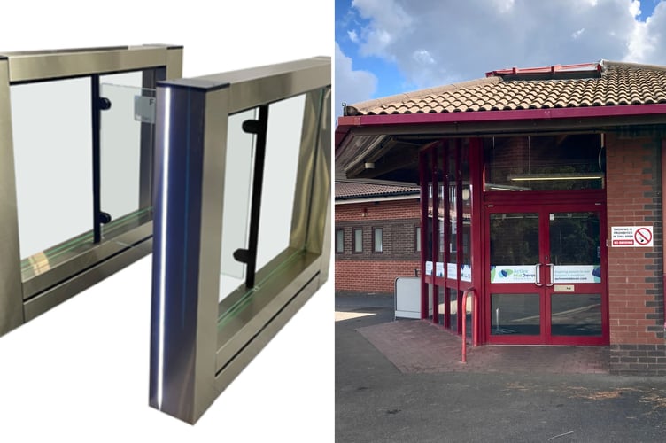 Left, CGI of new access gates. Right, Active Crediton, formerly known as Lords Meadow Leisure Centre