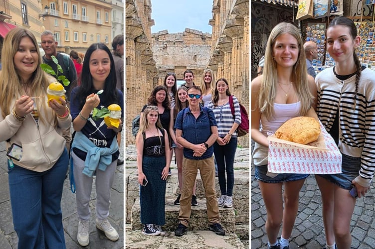 Students sampling local food in Naples and visiting Pompeii, centre