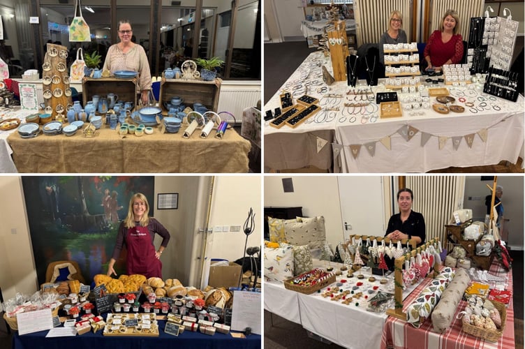 Some of the stalls at the event. Clockwise from top left, Spreyton Pottery, Love to Make, Hearts and Crafts, The Home Kitchen