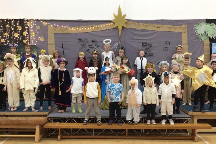 The children from Cheriton Fitzpaine Primary School and Nursery on stage for A Wriggly Nativity.
