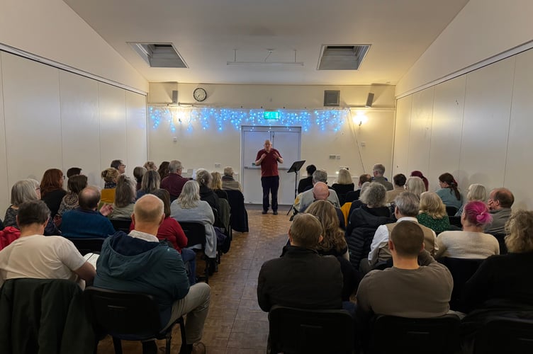 There was a good crowd for the talk by Steve Nallon in Crediton. AQ 0425