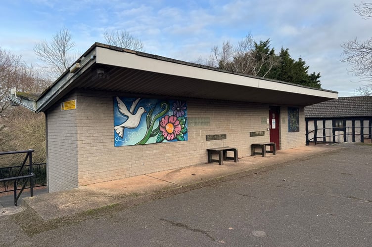 The Newcombes Meadow toilet block where some of the artwork has been ripped off the building.  AQ 1434

