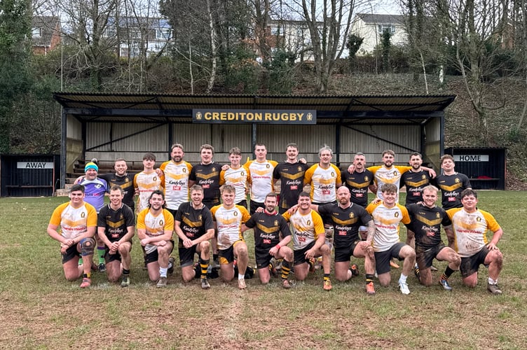 The lineup of those who took part in the Crediton RFC Boxing Day game, with Scott Baker, back left. AQ 1352
