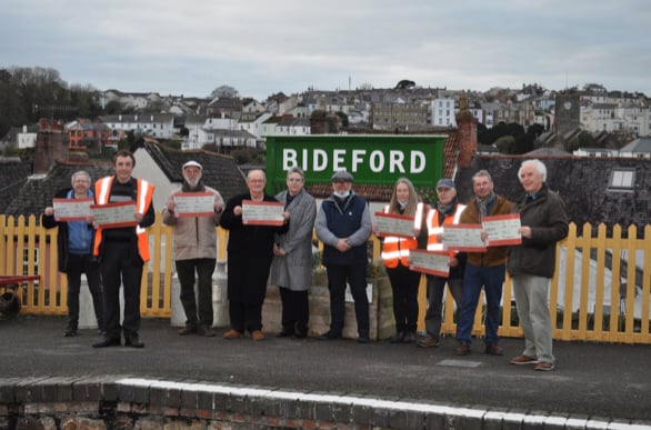 Where it all began in December 2021, when Bideford Railway Heritage Centre hosted OkeRail’s Cllr Kevin Ball, left, and Railfuture’s Roger Blake, third left.