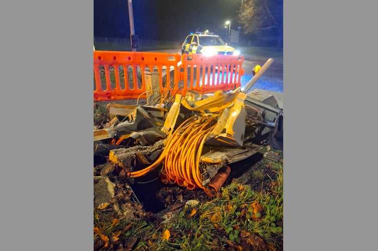 Damage to the traffic lights controller at Middlemoor roundabout.
