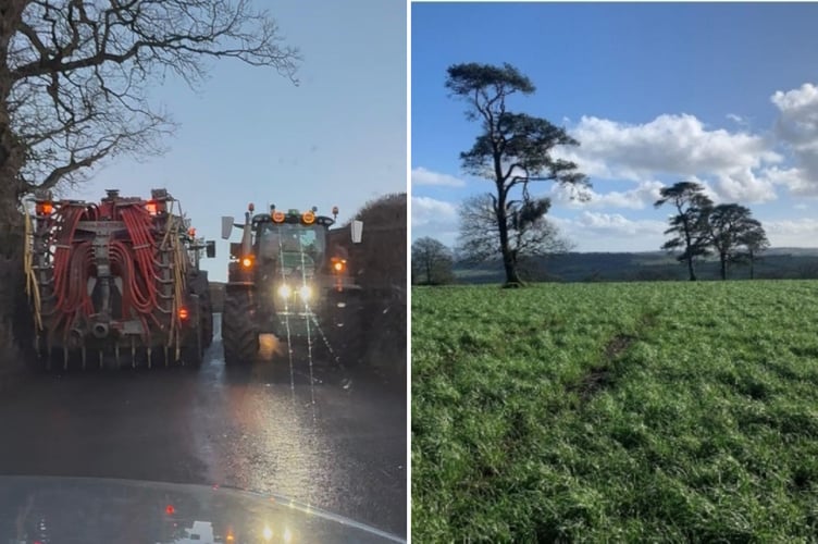 Tractors trying pass on a lane near the proposed slurry lagoon, left, and the field where the proposed slurry lagoon would be located, right