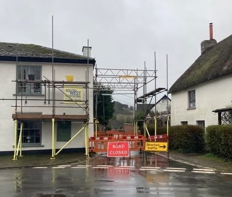 The road closure in place in Thorverton where a property wall has collapsed.