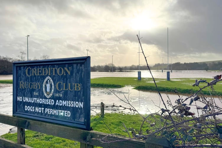 Inundated rugby pitches at Creedy Bridge