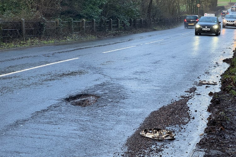 The pothole, pictured on Wednesday, January 28 on the outskirts of Crediton was repaired on Thursday, January 29. AQ 3239