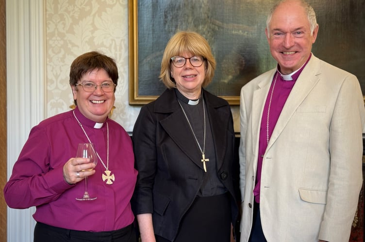 Bishop Moira, the current Bishop of Crediton, left, with Archbishop Sarah and Bishop Robert in July 2025.
