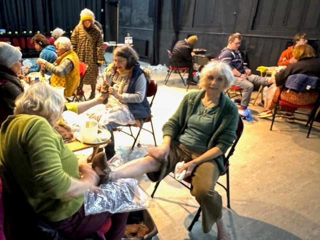 Participants took turns to ‘dress’ each others feet in Corriedale wool, though one participant added wool from her own flock too!