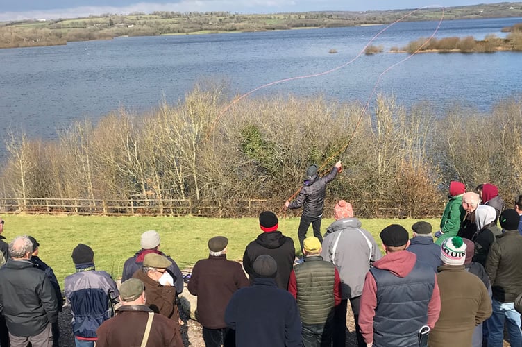 A fly casting demonstration under way at Roadford Lake.