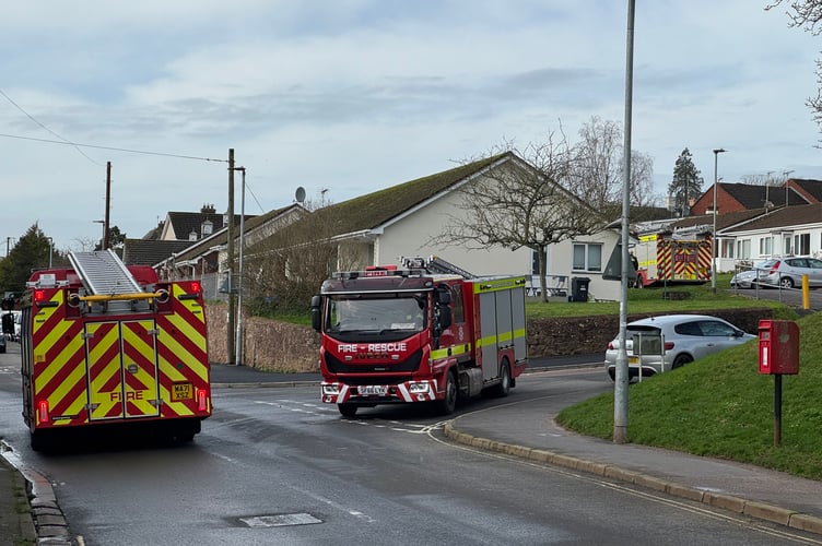 Fire appliances at the incident in Lennard Road, Crediton.  AQ 4295
