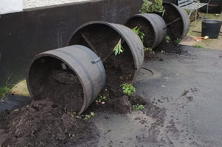 The flower towers which were tipped over in Exeter Road, Crediton.
