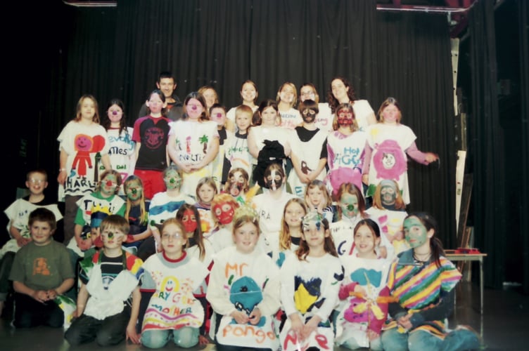 Most of the children who made up the Caterpillar Theatre Company and performed Roald Dahl's 'Revolting Rhymes' during half-term at Crediton Arts Centre in February 2005. DSC00458