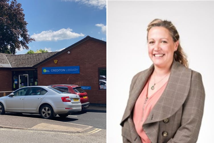 Crediton Library, left, and Cllr Cottle-Hunkin, right