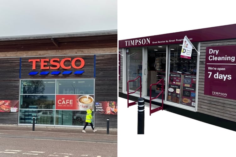 The Tesco supermarket in Crediton, left, and an example Timpson kiosk, right