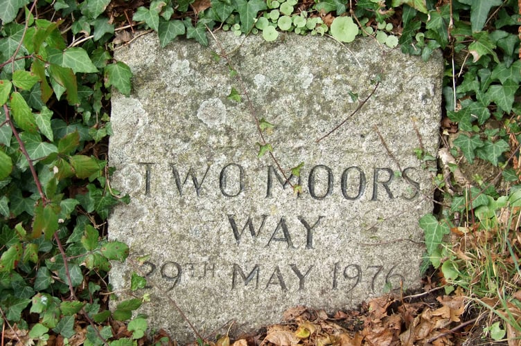 Two Moors Way marker stone at Stowford Bridge, Ivybridge.
