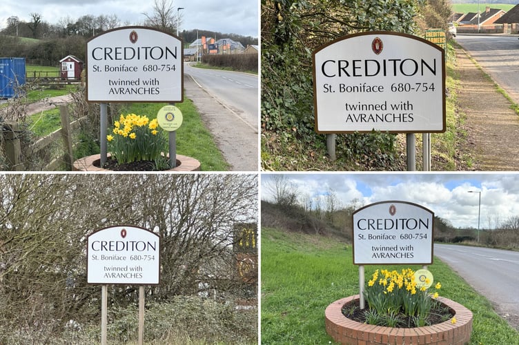 The four new Crediton road signs, top left on the Bickleigh entrance, top right on the Sandford road entrance, bottom left on the Exeter entrance and bottom right on the Copplestone entrance.
