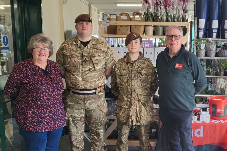 Crediton Army Cadets with Philip Hutchens from the Army Benevolent Fund who collected donations at Crediton Morrisons store thanks to Hazel Evely, the store’s community champion, left.

