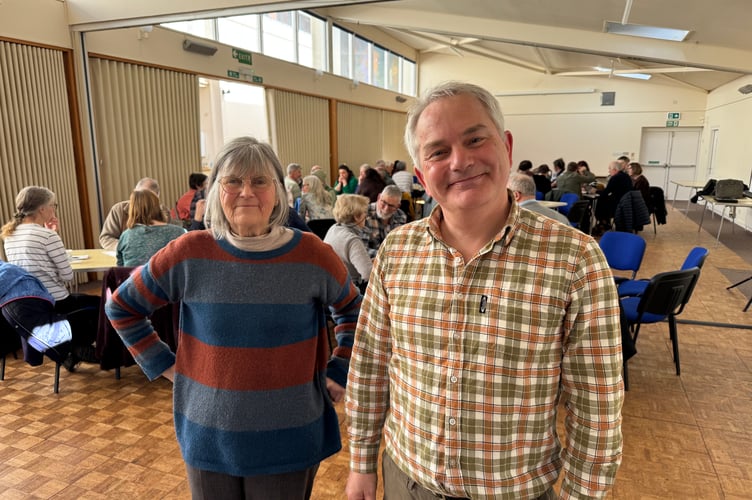 Crediton Town Councillor Liz Brookes-Hocking and Dave Harris from Sustainable Crediton led discussions at the Fourth Crediton Community Conversation. AQ 6283