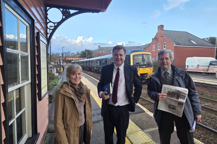 North Devon Line Rail Promotion Group President Andrea Davis and Secretary Peter Bunn, right, met Mel Stride MP at Crediton Station recently.
